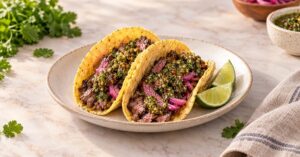 Chimi tacos de carne con flank steak y chimichurri — receta de La Cocina de Sofy