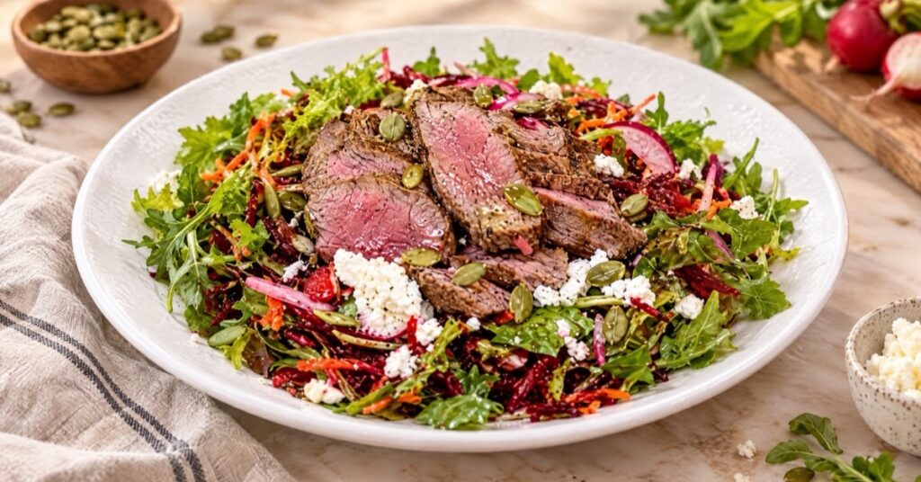 Ensalada con filete y vinagreta de mostaza — receta de La Cocina de Sofy