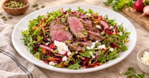 Ensalada con filete y vinagreta de mostaza — receta de La Cocina de Sofy