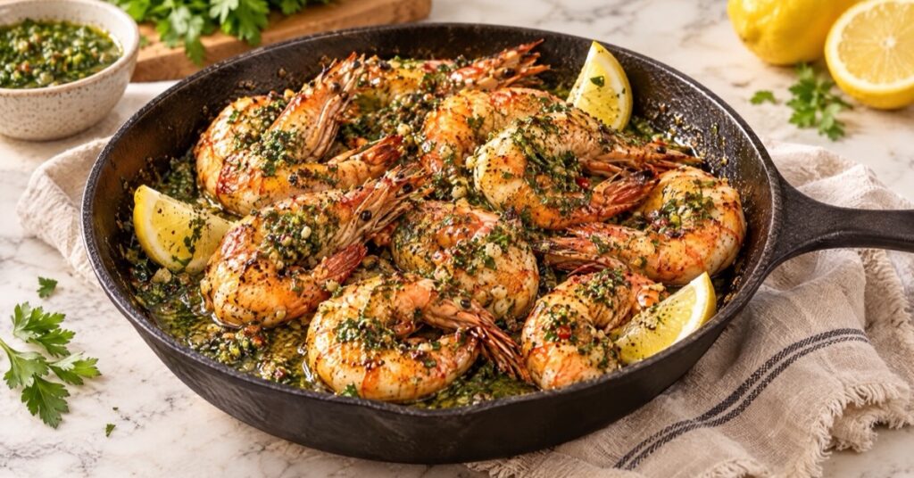 Langostinos al chimichurri con mantequilla de ajo y hierbas — receta de La Cocina de Sofy