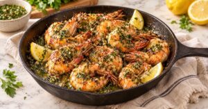 Langostinos al chimichurri con mantequilla de ajo y hierbas — receta de La Cocina de Sofy
