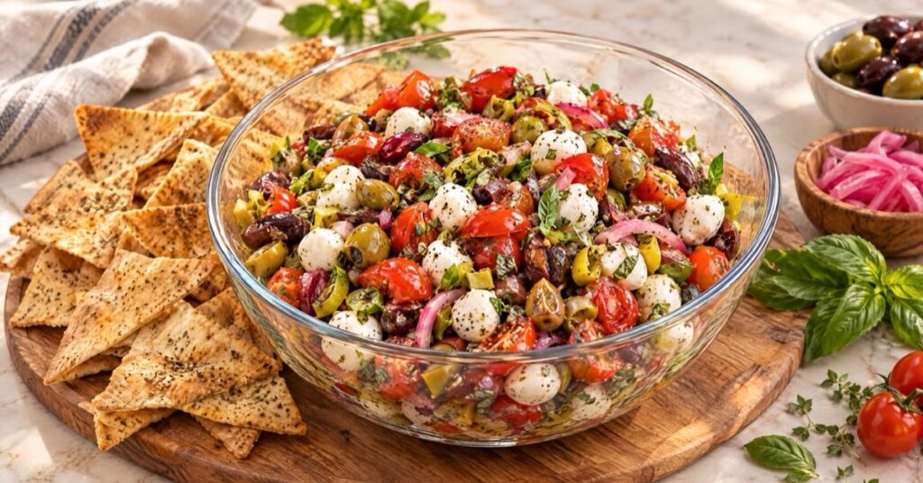 Picoteo mediterráneo con mozzarella, aceitunas y pita chips — receta de La Cocina de Sofy